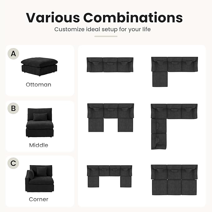 Modular Cloud Sofa, 192" Cloud Sectional Couches with Deep Seat,Down Filled Linen U-Shape 8-Seater Couch with Ottoman for Living Room, Washable Cover, Wide Armrest in Black