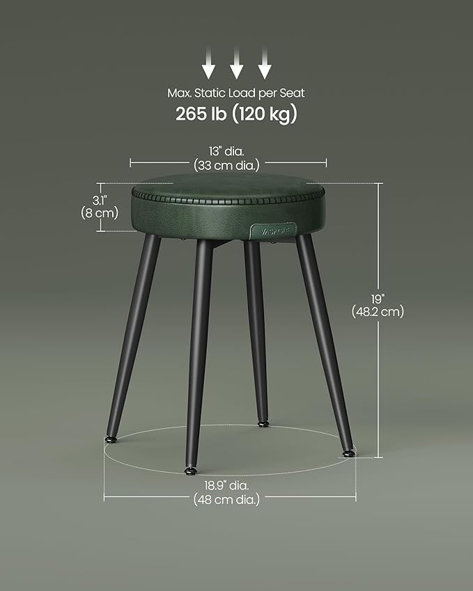 VASAGLE EKHO Collection - Dining Chairs Stools Set of 2, Upholstered Kitchen Chairs, Vanity Stools, Synthetic Leather with Stitching, Mid-Century Modern, 19-Inch Tall, Easy Assembly, Forest Green