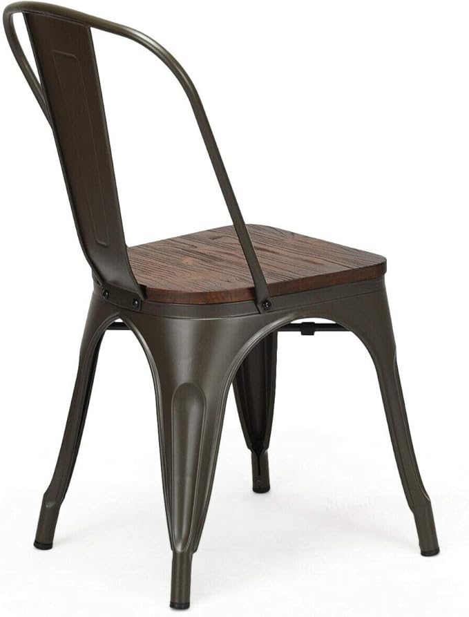 COSTWAY 18 Inch Dining Chair Set of 4, Industrial Vintage Stackable Metal Chairs, Counter Bar Chairs with High Backrest, Wood Seat, for Home, Kitchen and Cafe Bar Use