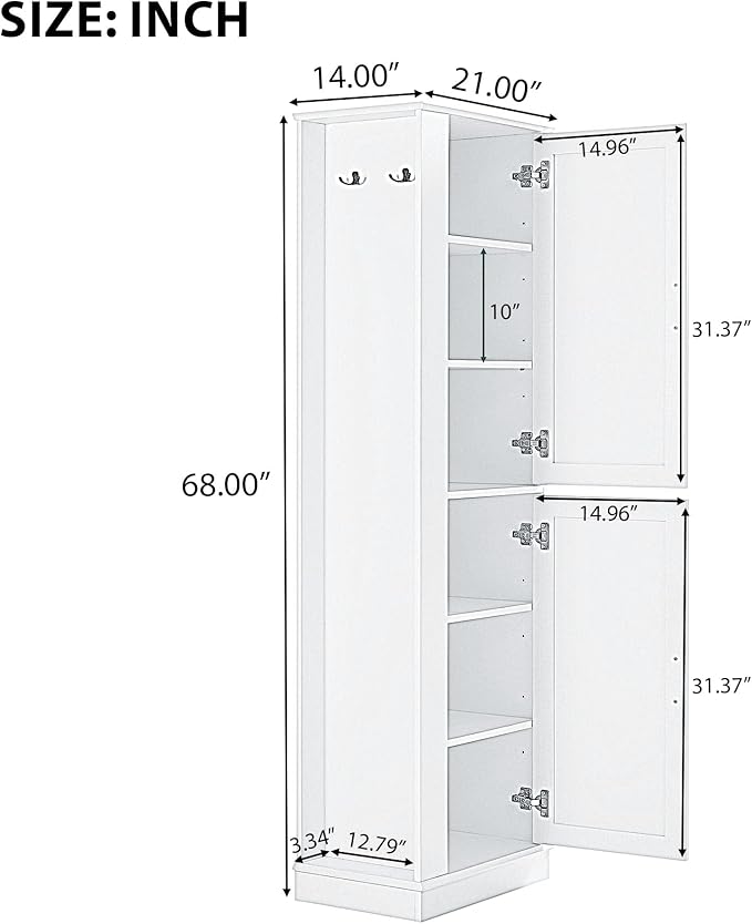 Tall Freestanding Storage Cabinet, Multi-Purpose Floor Organizer with 2 Doors, Hook and Adjustable Shelf for Bathroom, Office, Black