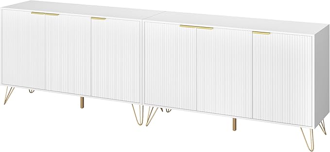 Storage Cabinet Set of 2, White Fluted Cabinet with Adjustable Shelves, Modern Coffee Bar for Kitchen, Living Room and Office