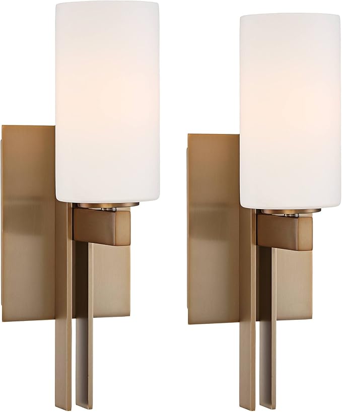 Possini Euro Design Ludlow Modern Wall Light Sconces Set of 2 Burnished Brass Gold Hardwired 4 1/2" Fixture Frosted White Glass Shade for Bedroom Bathroom Vanity Living Room Home Hallway Dining