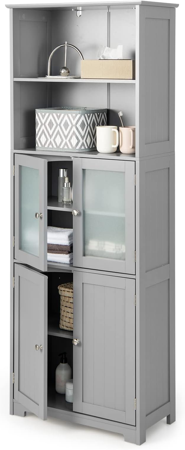 LOKO Tall Bathroom Cabinet, Modern Storage Organizer with Doors & Open Shelves, Wooden Floor Cabinet with Adjustable Shelves for Bathroom, Living Room or Kitchen (Grey)