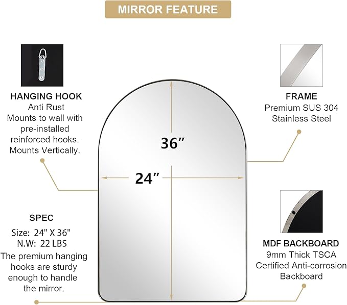 ANDY STAR Arched Mirror, 24 x 36 Inch Brushed Nickel Bathroom Mirror with Stainless Steel Metal Frame, Arch Top Rounded Corner 1 Inch Deep Set Design Wall Mount Hangs Vertical