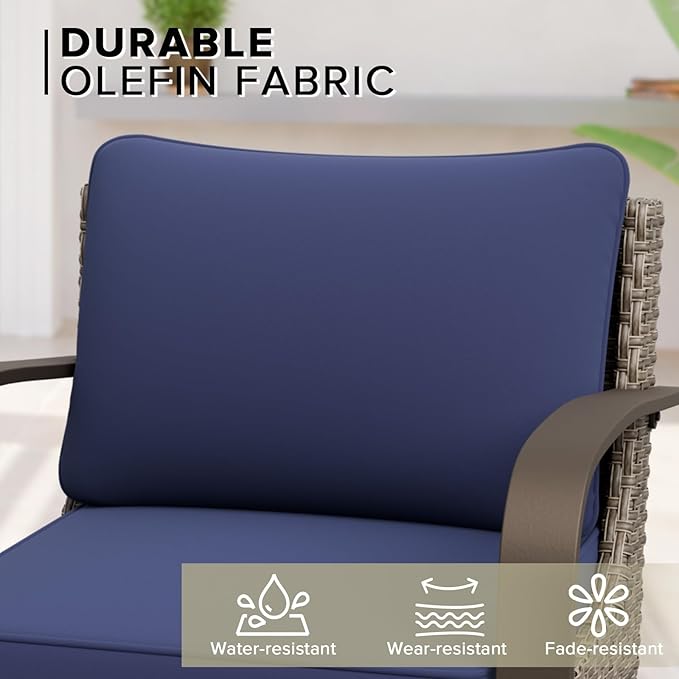 COOS BAY Aurora Terrace Half-Moon Outdoor Furniture Set, Rattan Conversation Set with Patio Chairs, Curved 5-Seat Sofa, Coffee Table, Seats 7, Beige/Blue