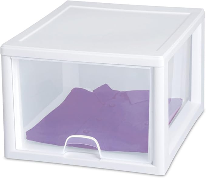 Sterilite 12-Pack 27 Quart Stacking Drawer, Clear Storage Closet Organizer, White Frame - Stackable Modular Plastic Drawers for Clothes, Accessories, Craft Supplies, Shoes or Linens