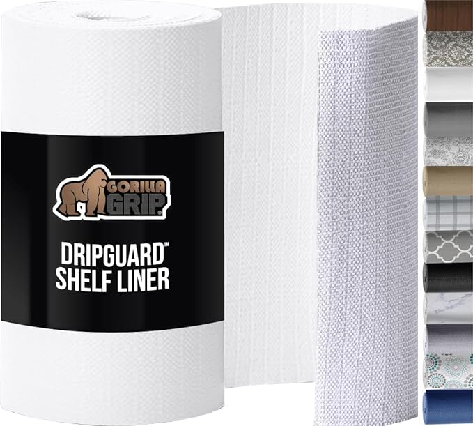 GORILLA GRIP DripGuard Shelf Liner, Non Adhesive Drawer and Kitchen Cabinet Protector, Slip Resistant BPA Free Smooth Surface Plastic Liners for Cabinets, Bathrooms, Closets, 12x240 Inch, White
