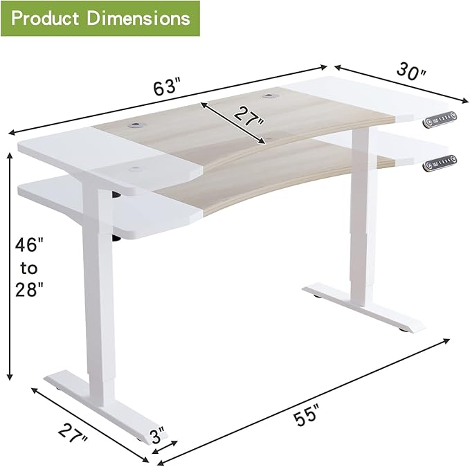 Radlove Dual Motor Height Adjustable Standing Desk, 63 x 30 Height Adjustable Computer Desk Sit Stand Desk Home Office Desks with Splice Board 265 lb Load Capacity White Frame + White Top