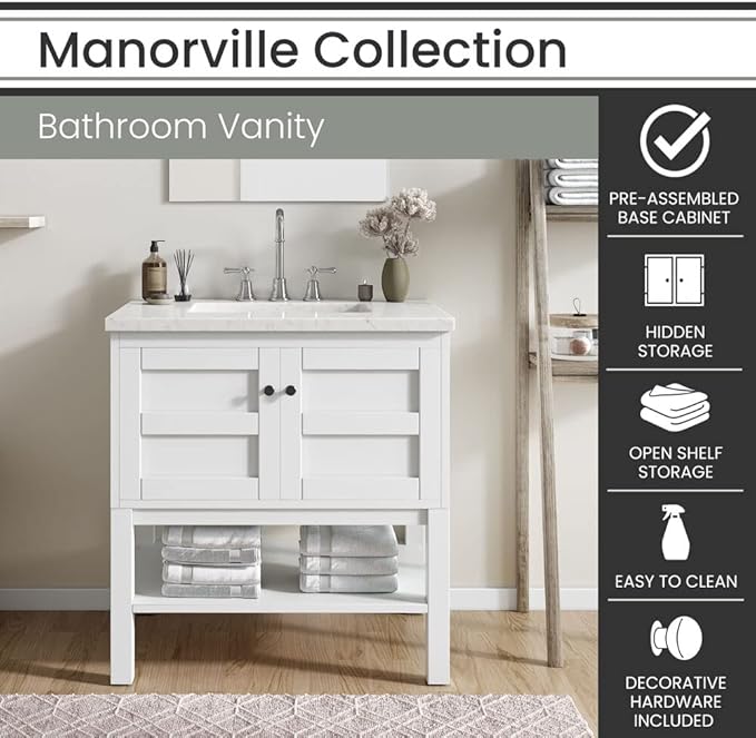 Hanover Manorville 31'' Vanity Cabinet with Sink Combo for Bathroom, Powder Room | Pre-Assembled Cabinet | 2 Doors, Bottom Shelf | Artificial Stone Marble Countertop, White Cabinet | HANVN0101-31-1WH