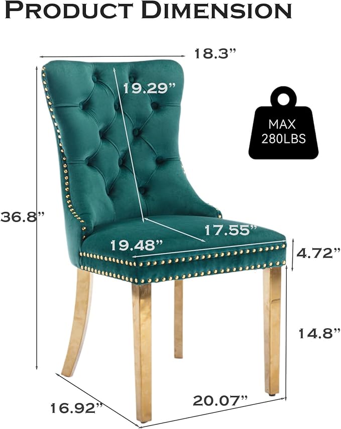 Velvet Upholstered Dining Chairs Set of 4, Modern Style Kitchen Side Chairs with Nailhead Trim and Gold Plated Leg, Metal Pulling Ring for Dining Room Living Room(Green,Set of 4)