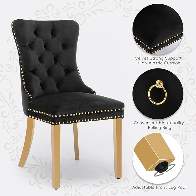 Velvet Upholstered Dining Chairs Set of 8, Modern Style Kitchen Side Chairs with Nailhead Trim and Gold Plated Leg, Metal Pulling Ring for Dining Room Living Room(Black)