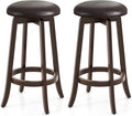 COSTWAY 29-Inch Swivel Bar Stools Set of 2, Upholstered Barstools w/PU Leather Seat & Solid Rubber Wood Legs, Mid-Century Backless Round Bar Height Stools w/Footrest for Kitchen Home Bar