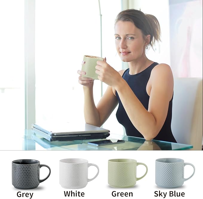 Stackable Coffee Mugs with Stand, 15 Ounce Ceramic Embossed Mugs Set of 4 for Coffee, Latte, Tea, Cute Porcelain Cups for Christmas Gift, Dishwasher & Microwave Safe, Multi Color