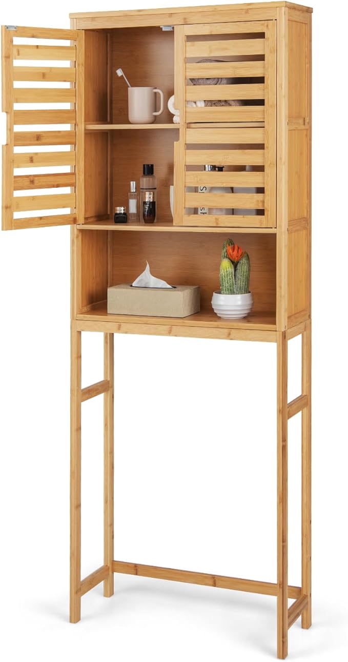 Giantex Over The Toilet Storage Cabinet, 4-Tier Bamboo Bathroom Space Saver with 2 Louver Doors, Open Shelf, Adjustable Bottom Bar, Over Toilet Bathroom Organizer for Laundry, Balcony, Restroom