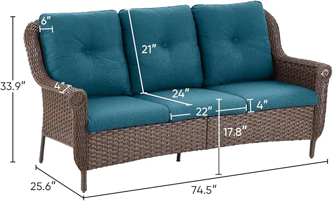 Patio Couch Outdoor Wicker Sofa - Heavy Duty All-Weather Brown Rattan 3-Seater with High Back and Comfortable Thick Cushions for Garden Back Porch Poolside Apartment - Peacock Blue