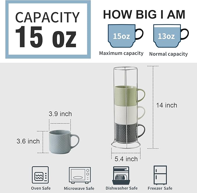 Stackable Coffee Mugs with Stand, 15 Ounce Ceramic Embossed Mugs Set of 4 for Coffee, Latte, Tea, Cute Porcelain Cups for Christmas Gift, Dishwasher & Microwave Safe, Multi Color