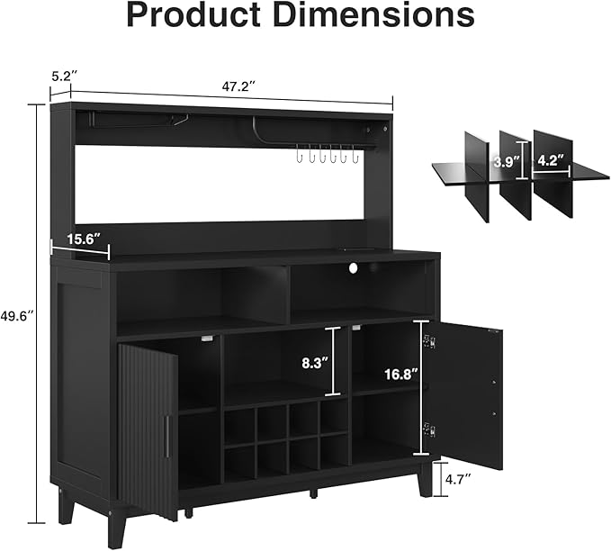 Fluted Buffet Cabinet with Storage, Modern Coffee Bar Cabinet with Outlet, Wine Rack, Cup Holder, Multi-Functional Accent Liquor Cabinet for Living Room, Entryway, Kitchen, Black