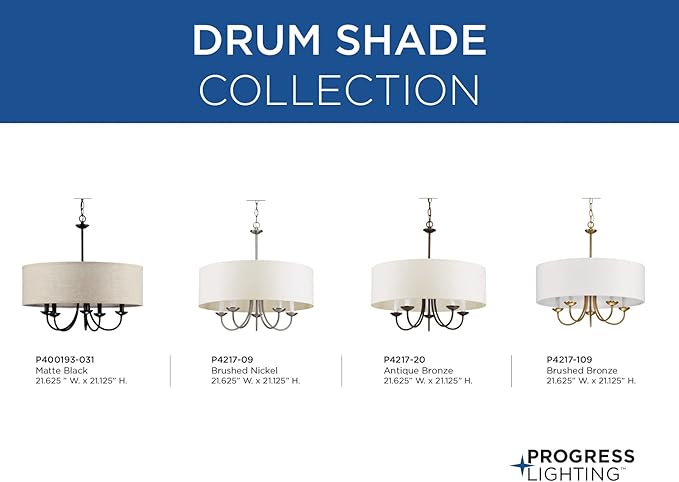 Progress Lighting Drum Shade Collection Five-Light Chandelier, Farmhouse Style Hanging Ceiling Light Fixture for Dining Rooms, Foyers, Harvest Linen Shade, Matte Black