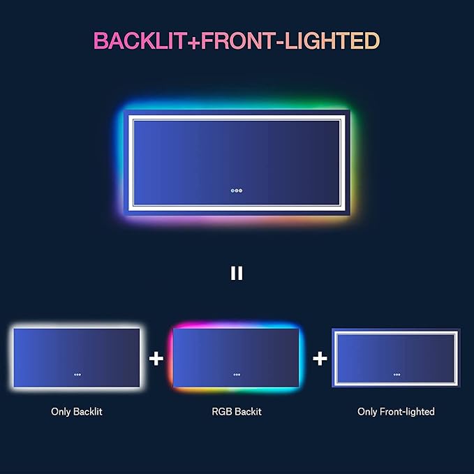 55x36 Inch RGB LED Bathroom Mirror with Lights, Color Changing RGB Backlit LED Mirror for Bathroom,Lighted Vanity Mirrors for Bathroom Wall, Dimmable, Anti-Fog (RGB Backlit+Front-Lit)