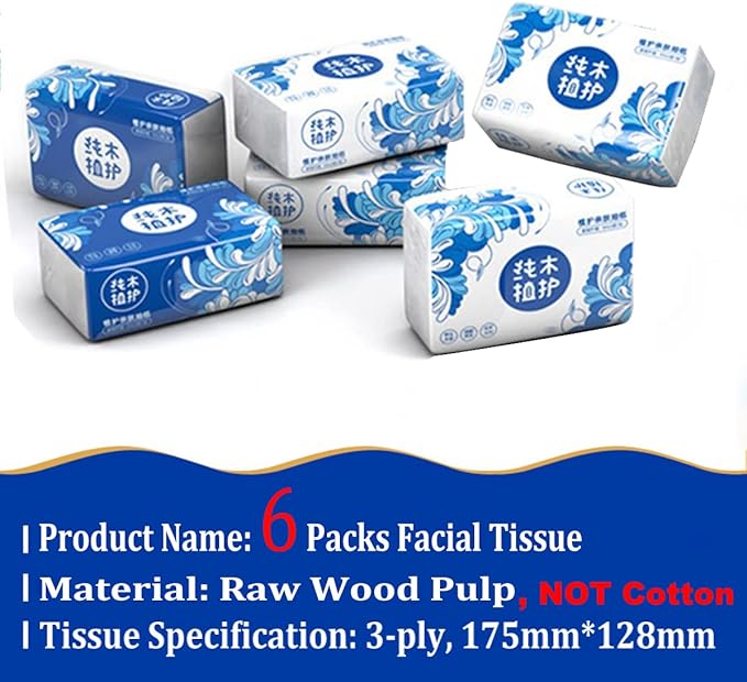Pack of 6, Small Facial Tissues, Toilet Paper, Disposable Napkins, Material Wood Pulp Fiber NOT COTTON, White Facial Paper Tissue, 3-Ply, 300 Sheets per Pack