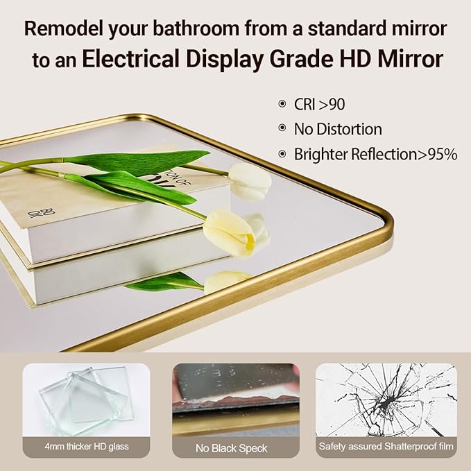ANDY STAR Bathroom Mirror for Wall, 24x40 Inch Gold Rectangle Mirror for Bathroom with Rounded Corner, Modern Brushed Brass Vanity Rectangular Mirrors with Tube Metal Frame, Explosion-Proof Film