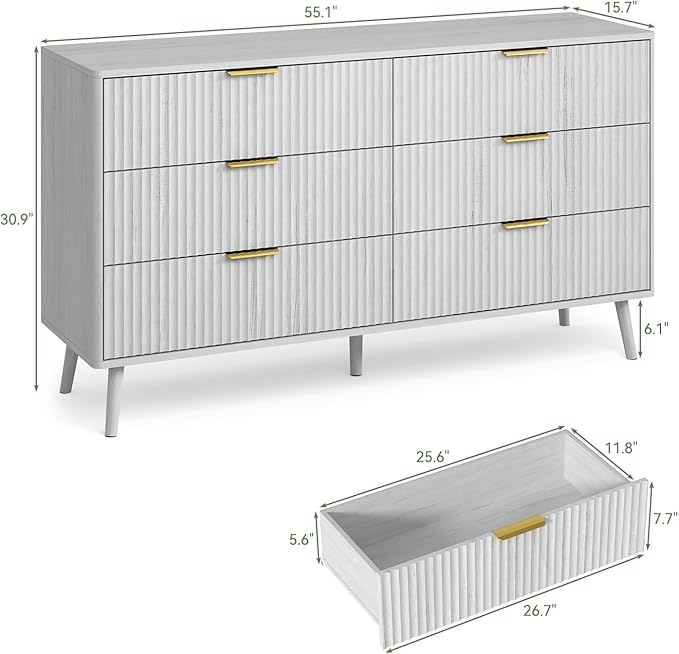 LYNSOM Fluted Dresser and Nightstand Set, 3 Pieces Bedroom Set, 55 Inch Wide 6-Drawer Dresser & 2-Drawer Nightstands Set of 2, Modern Dressers Set for Bedroom, Hallway, White