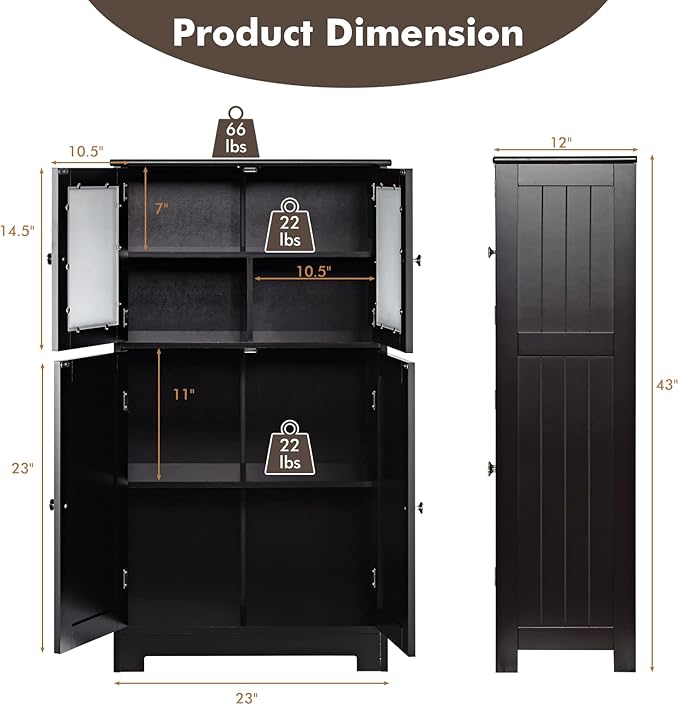 LOKO Bathroom Floor Cabinet, Storage Organizer with Glass Doors, Wooden Kitchen Cupboard with Adjustable Shelf, Versatile Floor Storage Cabinet for Bathroom, Living Room & Kitchen (Black)