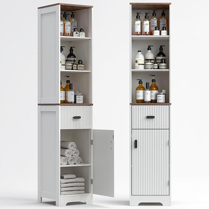 Tall Modern Bathroom Cabinet, 68.5" H Storage Cabinet with Fluted Wave Door, Drawer, Adjustable Shelves, Narrow Cabinet for Kitchen, Living Room, Entryway, White