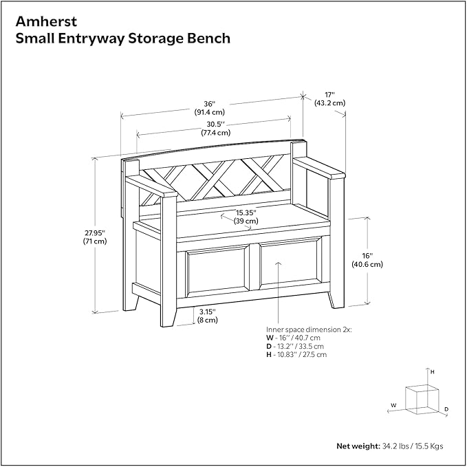 SIMPLIHOME Amherst Entryway Storage Bench - 36 inch Wide Solid Wood Small Hallway Seat in White, Transitional Bench for Entryway or Living Room with Lift-Up Lid and Compact Storage