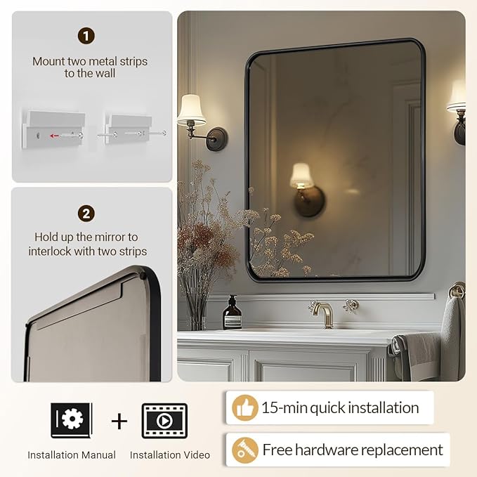 ANDY STAR Black Bathroom Mirror, 30x36 Inch Rounded Rectangle Mirror for Bathroom, Modern Tube Metal Framed Rectangular Mirror for Vanity, Contemporary Wall-Mounted Mirror with Explosion-Proof Film