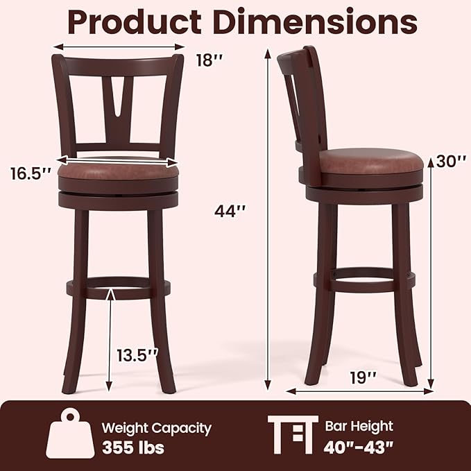 COSTWAY Barstools Set of 4, 30” Faux Leather Upholstered Bar Stools with High Backs and Footrests, Armless Kitchen Island Dining Chairs with Solid Wood Legs, Cappuccino (4, 30'' Seat Height)