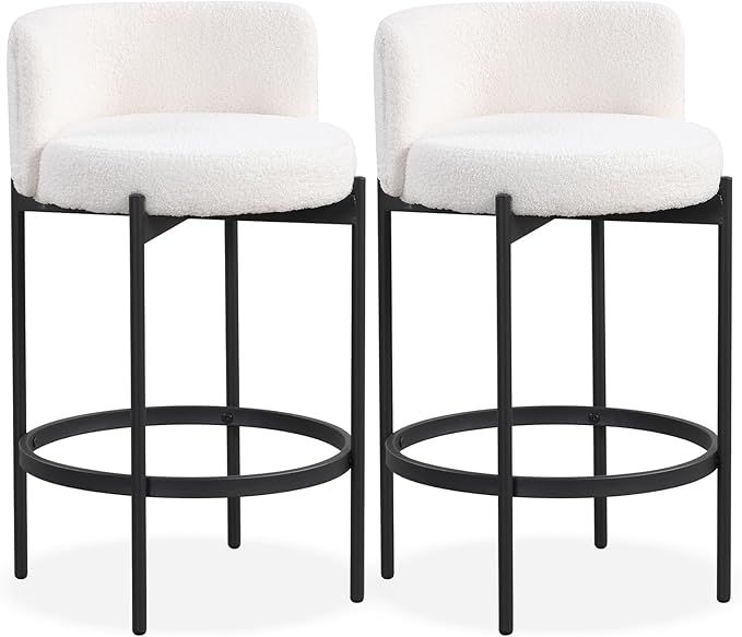 COSTWAY Counter Height Bar Stools Set of 2, 24.5 Inch Boucle Modern Barstools w/Curved Backrest, Metal Frame, Comfy Footrest, Upholstered Island Chairs for Dining Room, Kitchen, Cafe, 400 LBS Max Load