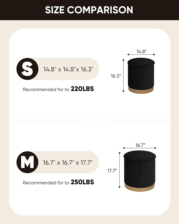 B FSOBEIIALEO Ottoman with Stroage, Round Velvet Storage Ottoman with Gold Plating Base,Foot Rest Stool for Dorm Room, Living Room Black, 16.73"x16.73"x17.72"