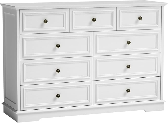 9 Drawer Dressers for Bedroom, 51" Wide Wood Chest of Drawers, Farmhouse Bedroom Dressers with Drawers, Modern Dresser TV Stand, Retro Design, for Living Room, Dressing Room, Hallway, White