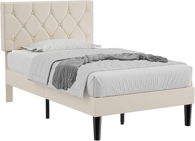VECELO Twin Size Bed Frame with Button Tufted Headboard, Upholstered Platform Bedframe with Wood Slat Support, No Box Spring Needed, Cream Beige