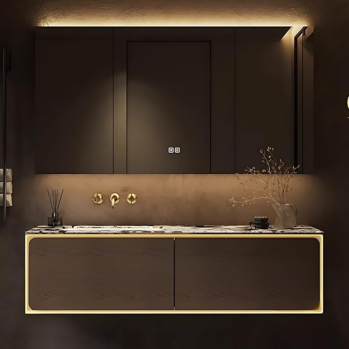 52IN Bathroom Vanity Set with a Single Sink - Embedded Sensor Light Strip & Large Capacity Floating Cabinet | Modern Bathroom Vanities with Defogging Mirror Surface & LED Lighting (Mirror Cabinet)