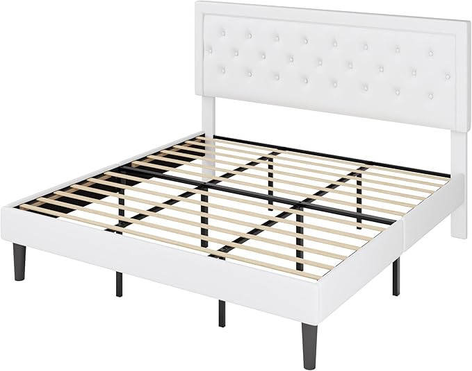 Allewie King Size Velvet Upholstered Bed Frame with Adjustable Headboard, Diamond Tufted Design, Wood Slat Support, Noise-Free EVA Strip, Easy Assembly, White