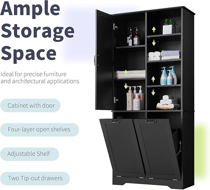 Tall Laundry Cabinet with 2 Tilt Out Hamper, Wood Bathroom Storage Cabinet with Doors and Adjustable Shelves Freestanding (Black)