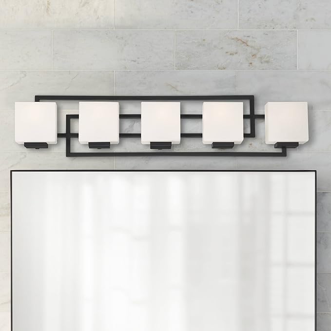 Possini Euro Design Lighting on The Square Modern Wall Mount Light Matte Black Aluminum Hardwired 37" 5-Light Fixture Opal Glass Shade for Bathroom Vanity Mirror House Living Room Home Hallway