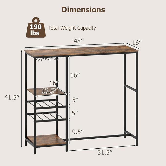 COSTWAY 48" Long Bar Table, Bar Height Dining Table with Storage Shelves, Wine Racks & Stemware Holders, Industrial Breakfast Table for Kitchen Living Room Behind Couch, Rustic Brown
