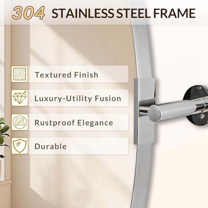 ANDY STAR Oval Bathroom Mirror, 24" x 32" Chrome Stainless Steel Metal Frame Vanity Mirror for Over Sink with Adjustable Tilting Design, Pivoting Mirror for Modern Wall Decor