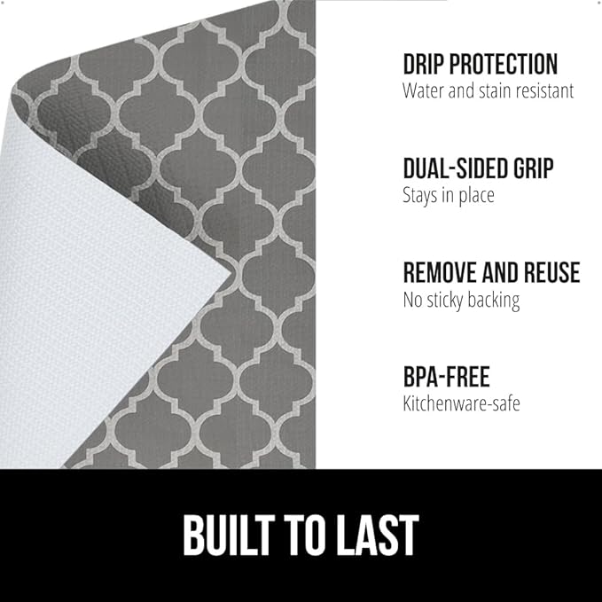 GORILLA GRIP DripGuard Shelf Liner, Non Adhesive Drawer and Kitchen Cabinet Protector, Slip Resistant BPA Free Smooth Surface Plastic Liners for Cabinets, Bathrooms, Closets, 12x120 Inch, White Gray