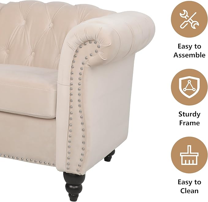 Home Sofa Living Room Furniture, 3 Seater 84" Velvet Upholstered Couch, Mid Century Modern Comfy Couch with Cushions, Classic Tufted Chesterfield Couches for Bedroom, Office, Apartment (Beige)