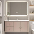 64IN Pink Modern Bathroom Vanity - Bathroom Vanities Set with 2 Drawers Wall Mounted | Rounded Corner Smart Defogging Mirror Cabinet with Lighting & Time Display, Side Opening Storage Shelf (Style A)