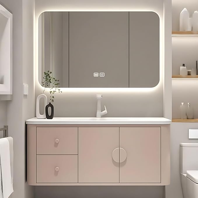 48IN Pink Modern Bathroom Vanity - Bathroom Vanities Set with 2 Drawers Wall Mounted | Rounded Corner Smart Defogging Mirror Cabinet with Lighting & Time Display, Side Opening Storage Shelf (Style A)