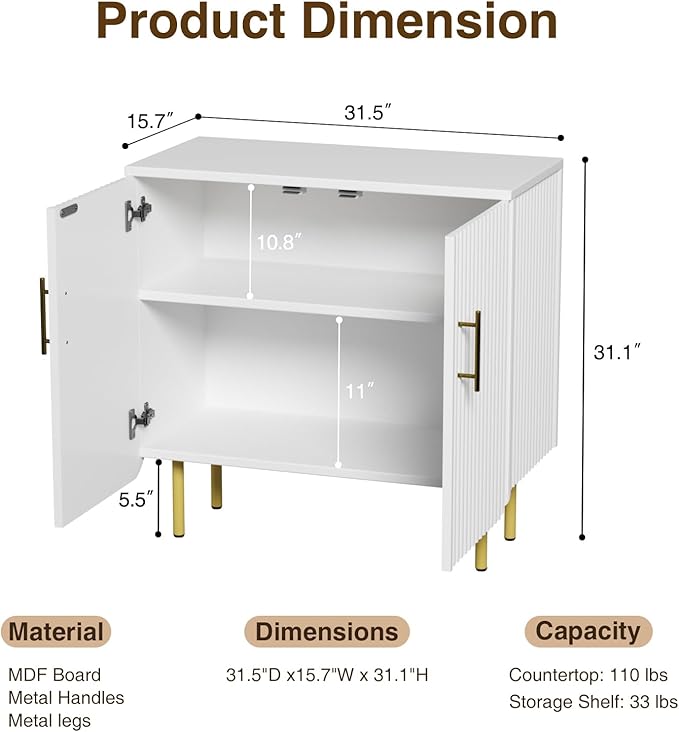 Modern Fluted White Storage Cabinet with 2 Doors, Adjustable Shelves, and Metal Legs, Accent Buffet Sideboard for Living Room, Dining Room, Entryway (White & Gold)