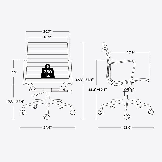 Mid Back Genuine Leather Ribbed Office Chair-Ergonomic Desk Chair with Aluminum Alloy Armrest & Frame, Swivel Silent Wheels & Tilt Function, Adjustable Height