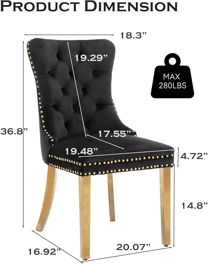 Velvet Upholstered Dining Chairs Set of 8, Modern Style Kitchen Side Chairs with Nailhead Trim and Gold Plated Leg, Metal Pulling Ring for Dining Room Living Room(Black)