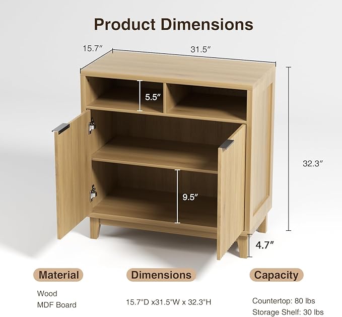 Buffet Cabinet with Storage - Elegant Fluted Storage Cabinet with Adjustable Shelves and Solid Wood Leg, Modern Buffet Sideboard for Living Room, Dining Room, Entryway