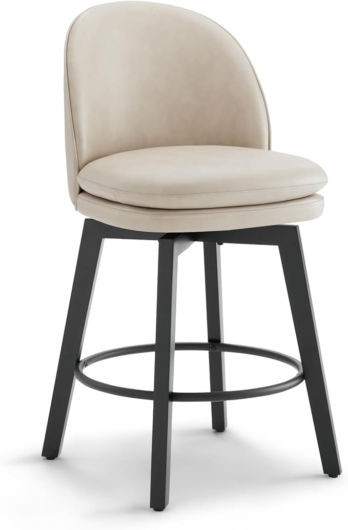 Counter Height Barstools 26 inch Upholstered Swivel Bar Stools with Back and Wood Legs for Kitchen Island,Set of 1,Beige PU Leather-Armless